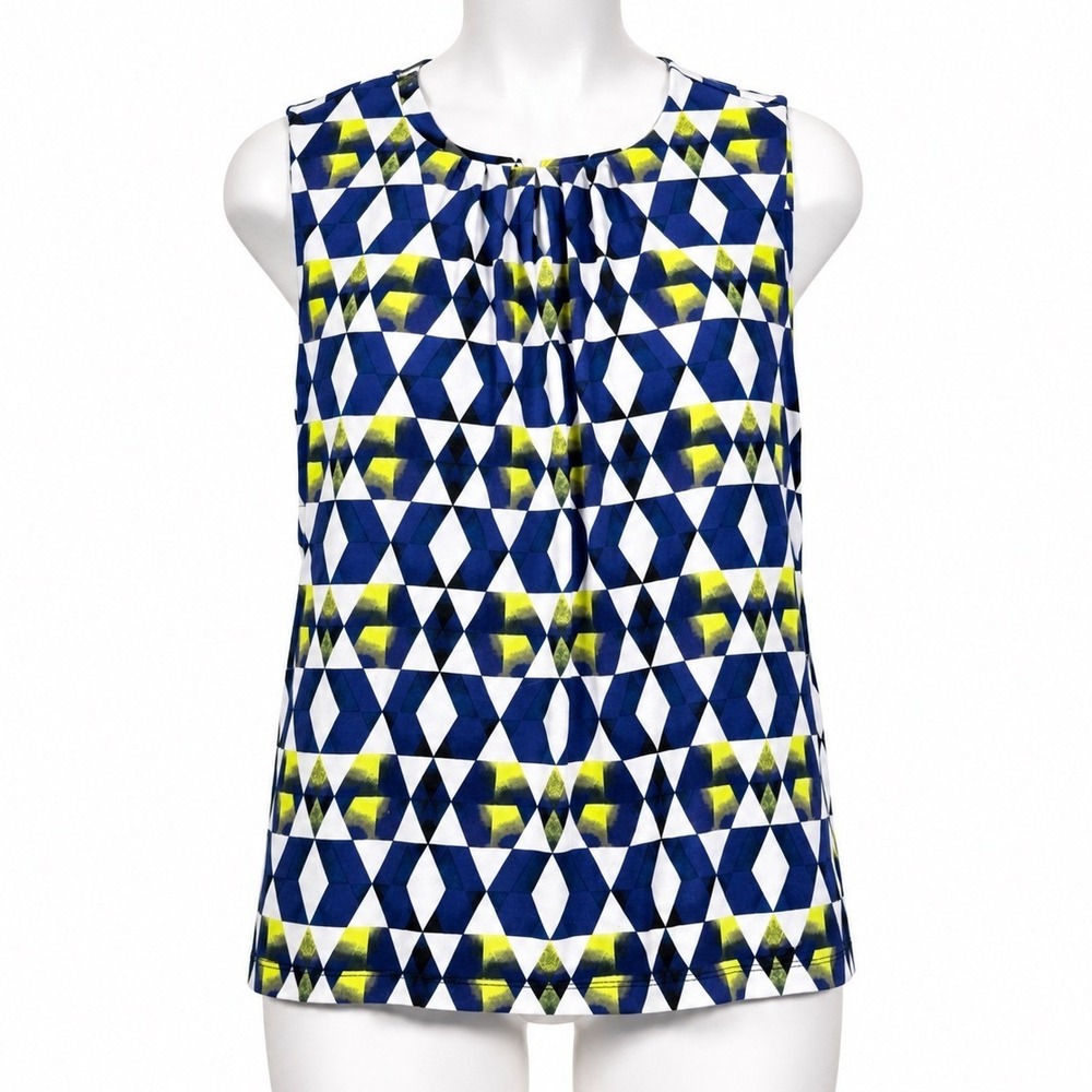 Calvin Klein Geometric Print Sleeveless Shell Top Blue White Womens M Pleated‎